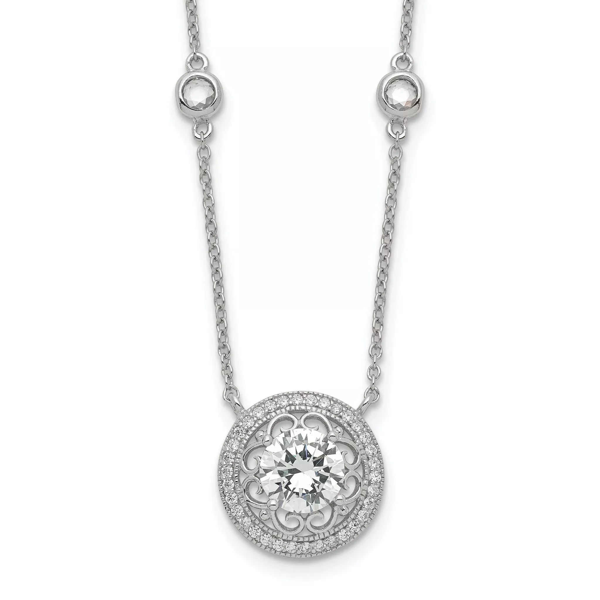 Sterling Silver RH-plated Round CZ Pendant With 2in. ext. 4-Station Necklace