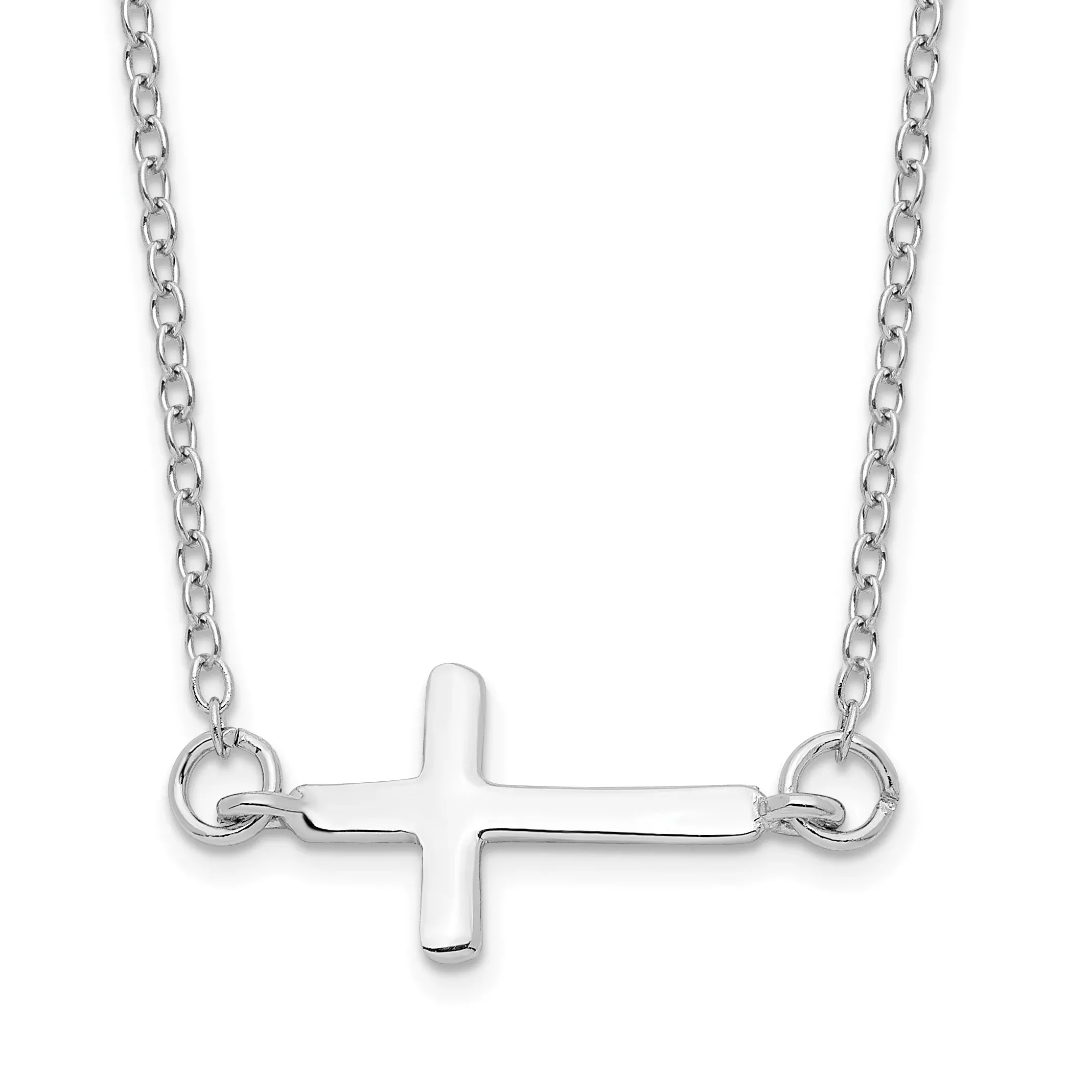 Sterling Silver Rhodium-plated With2in ext. Sideways Cross Necklace