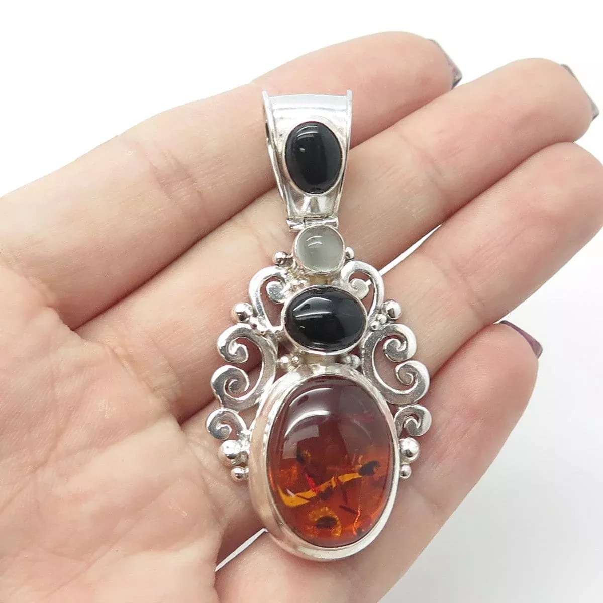 SUARTI BALI 925 Sterling Silver Vintage Black Onyx Amber Clear Quartz Pendant