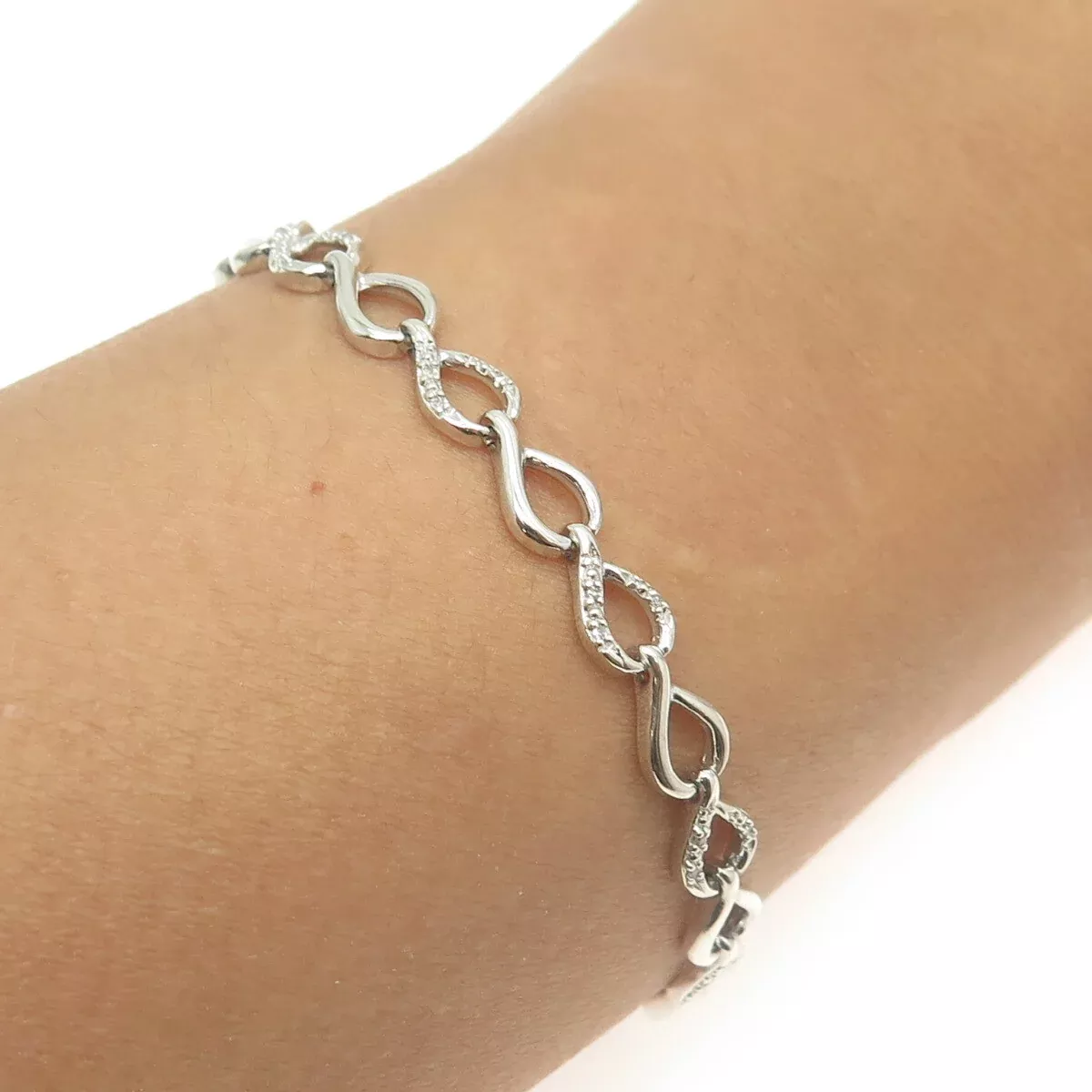SUN 925 Sterling Silver Real Round-Cut White Diamond Drop Link Bracelet 7.5