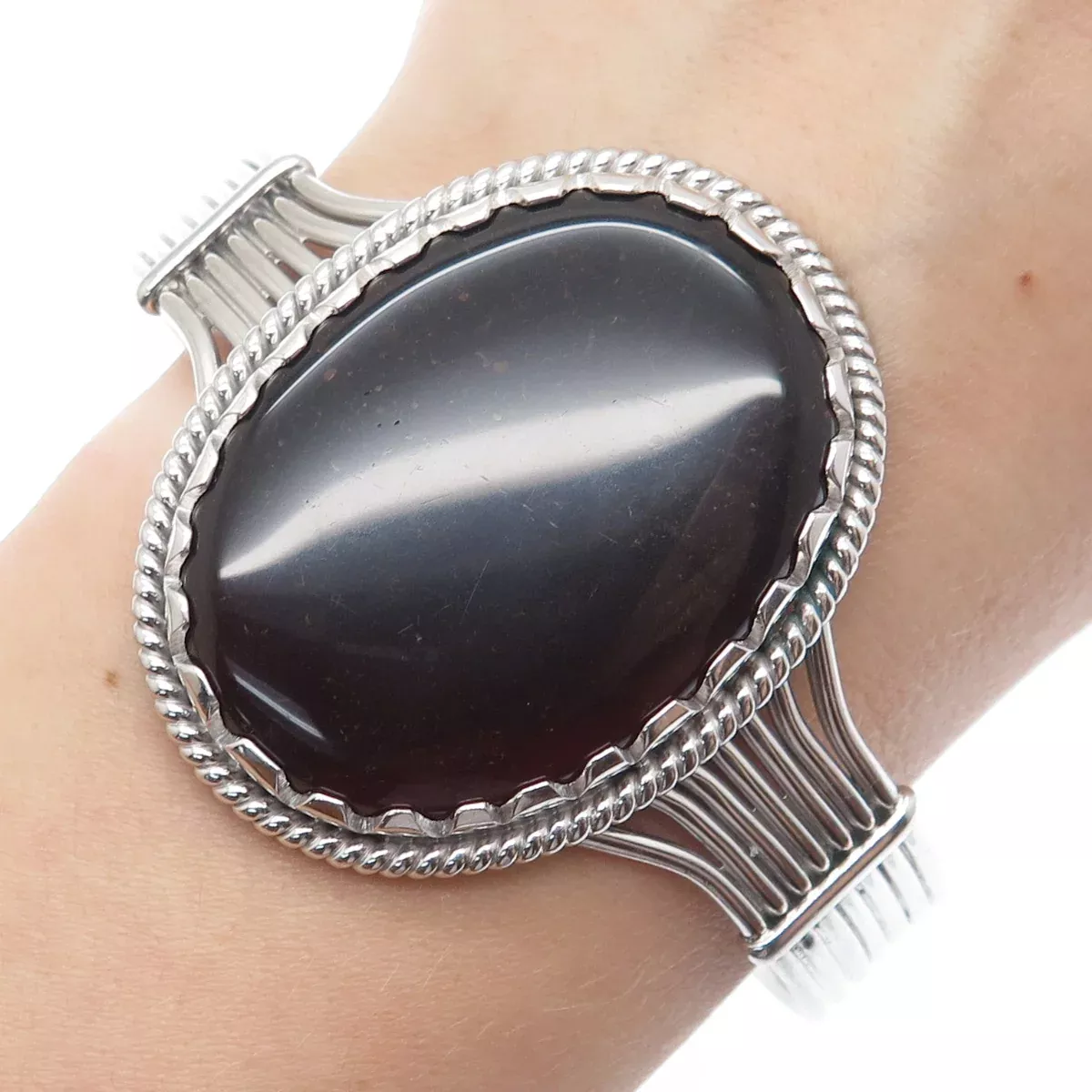 TAHARA 925 Sterling Silver Vintage Real Black Agate Adjustable Bracelet 7.75