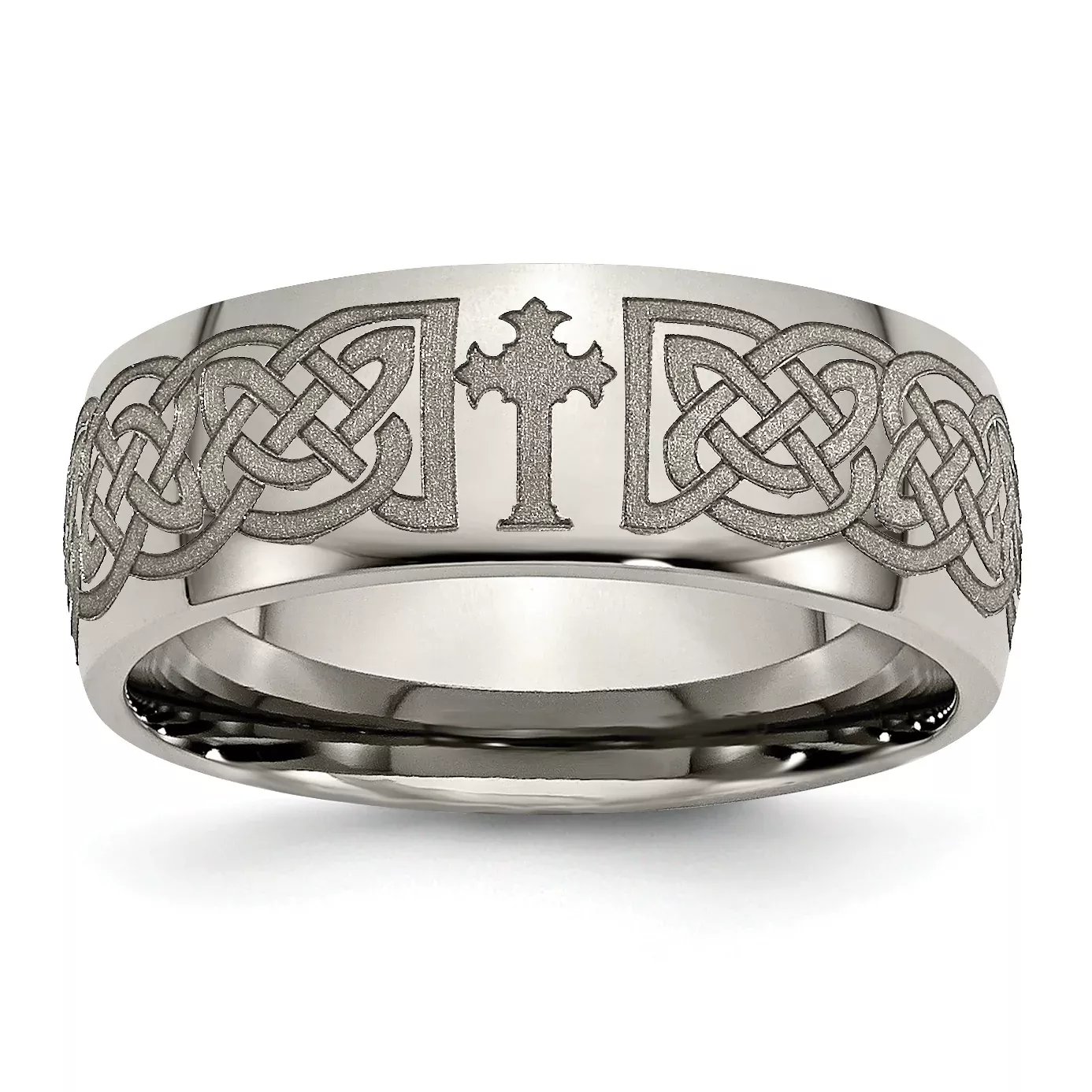 Titanium Celtic Cross Laser Wedding Band Unisex Polished Engravable 8mm