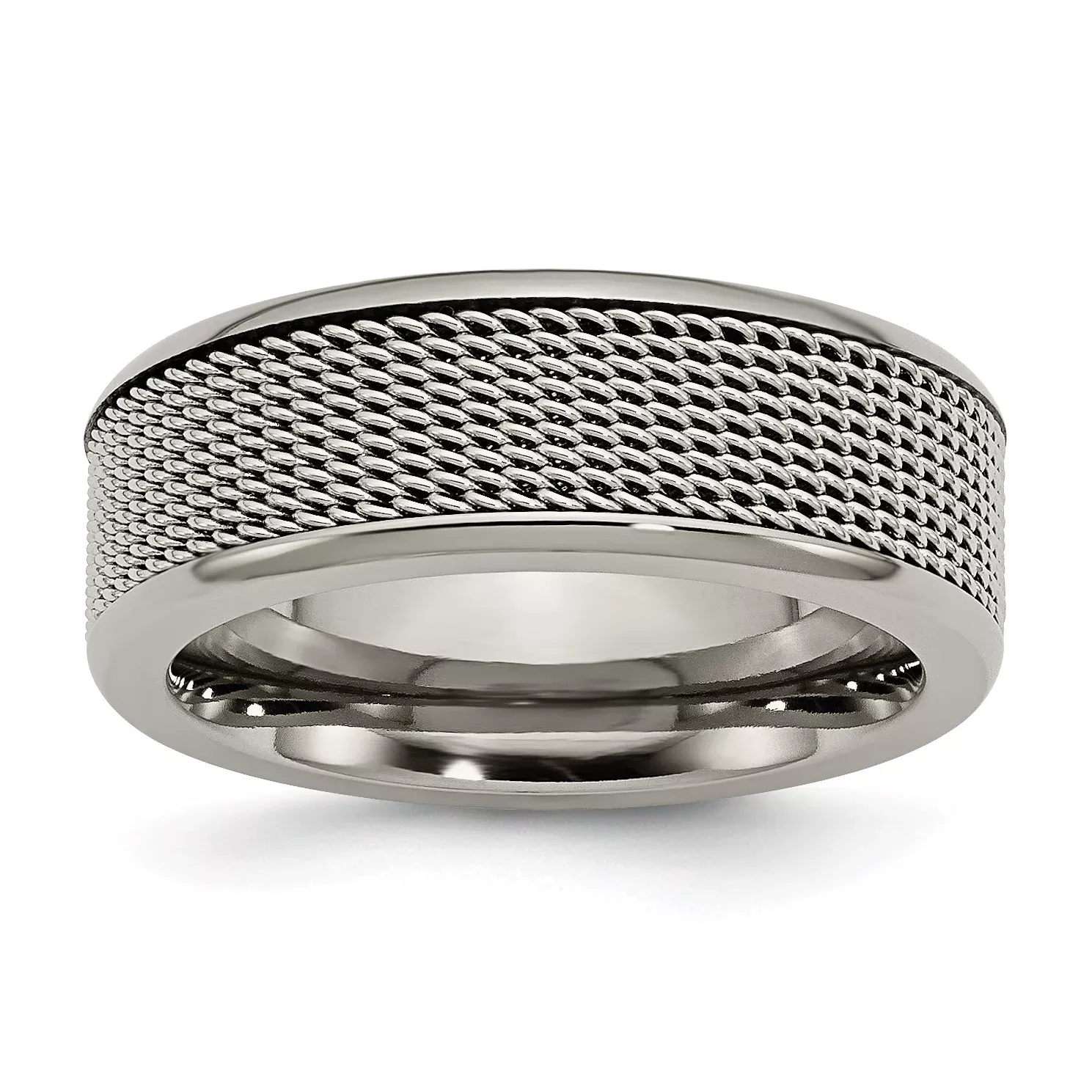 Titanium Unisex Wedding Band with Polished StainleSterling Silver Mesh Center