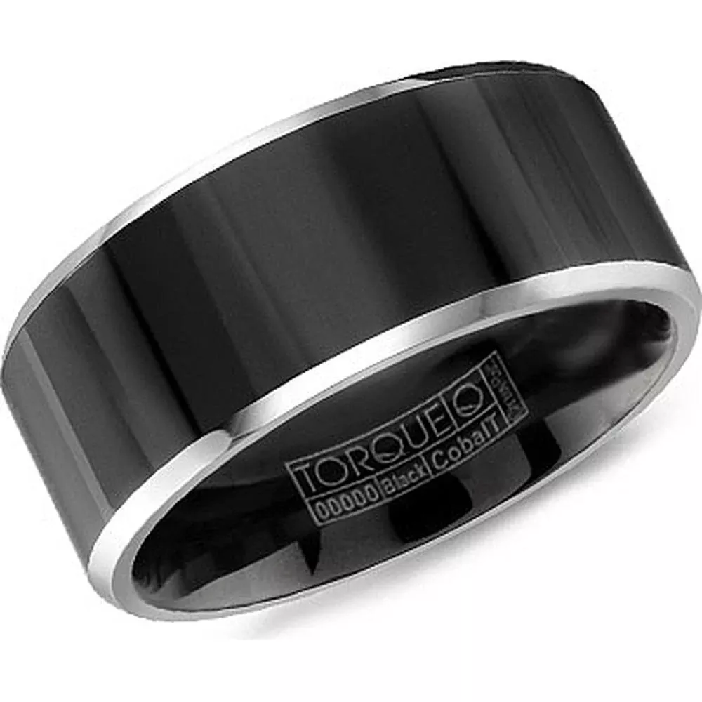 Torque Men's Wedding Band - Black Polished Flat Surface with Silver Beveled Edges in Black Cobalt - 9mm Width from the Black Cobalt Collection