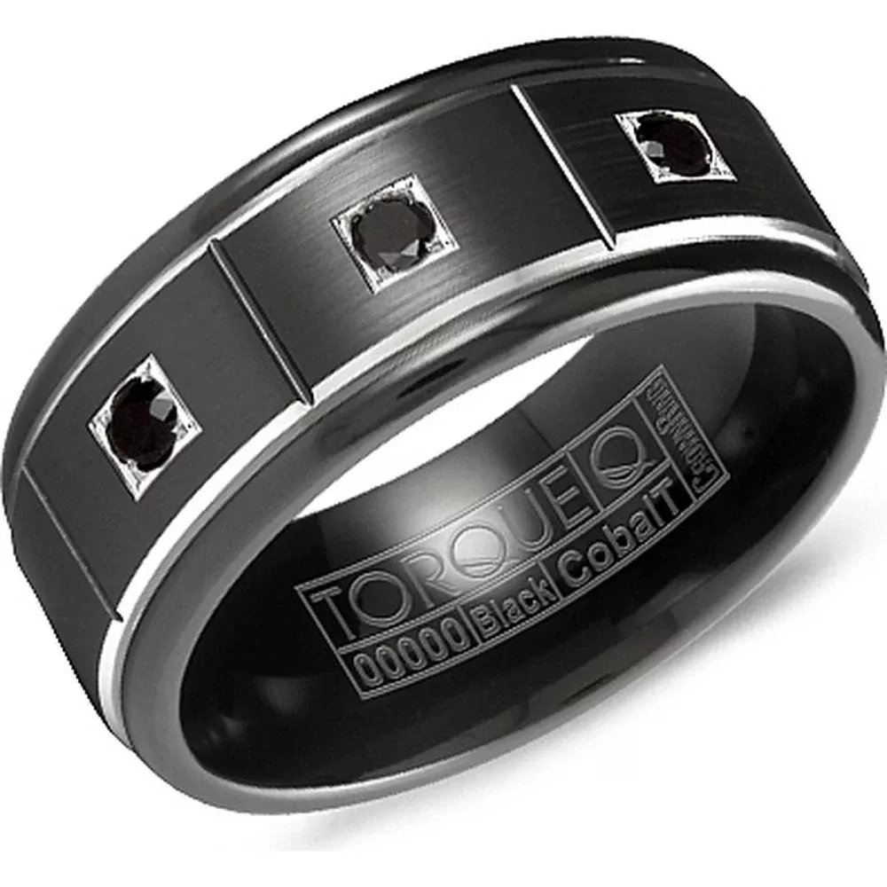 Torque Men's Wedding Band - Brushed Black Band with Black Diamond Accents, Grooved Silver Inlays and Polished Beveled Edges in Black Cobalt - 9mm Width from the Black Cobalt Collection