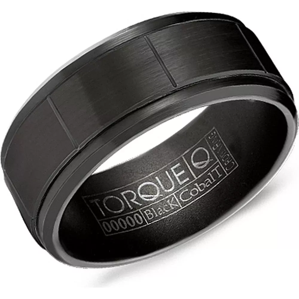 Torque Men's Wedding Band - Brushed Black Band with Grooved Step Design and Beveled Edges in Black Cobalt - 9mm Width from the Black Cobalt Collection