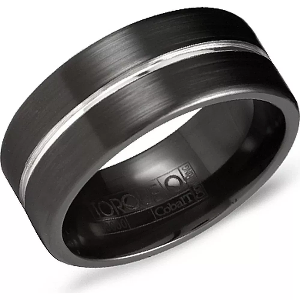 Torque Men's Wedding Band - Brushed Black Band with Polished Silver Groove and Rounded Edges in Black Cobalt - 9mm Width from the Black Cobalt Collection