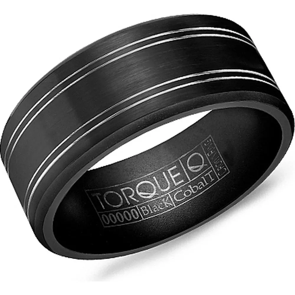 Torque Men's Wedding Band - Brushed Black Band with Silver Accent Lines in Black Cobalt - 9mm Width from the Black Cobalt Collection