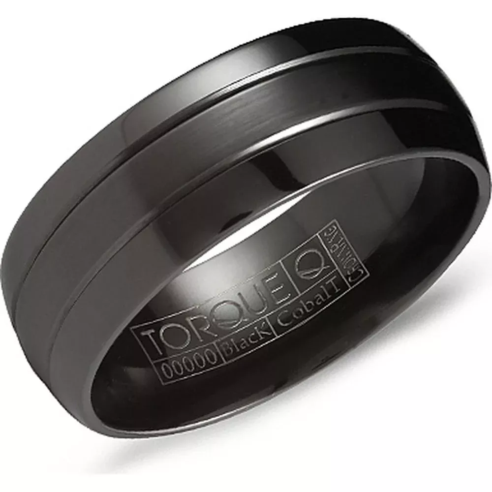 Torque Men's Wedding Band - Brushed Black Center with Dual Polished Grooves and Polished Edges in Black Cobalt - 7mm Width from the Black Cobalt Collection