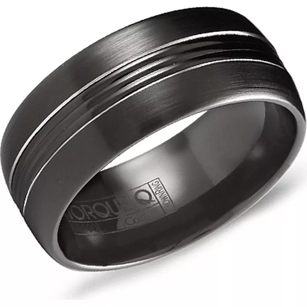 Torque Men's Wedding Band - Brushed Black Finish with Polished Grooves in Black Cobalt - 9mm Width from the Black Cobalt Collection