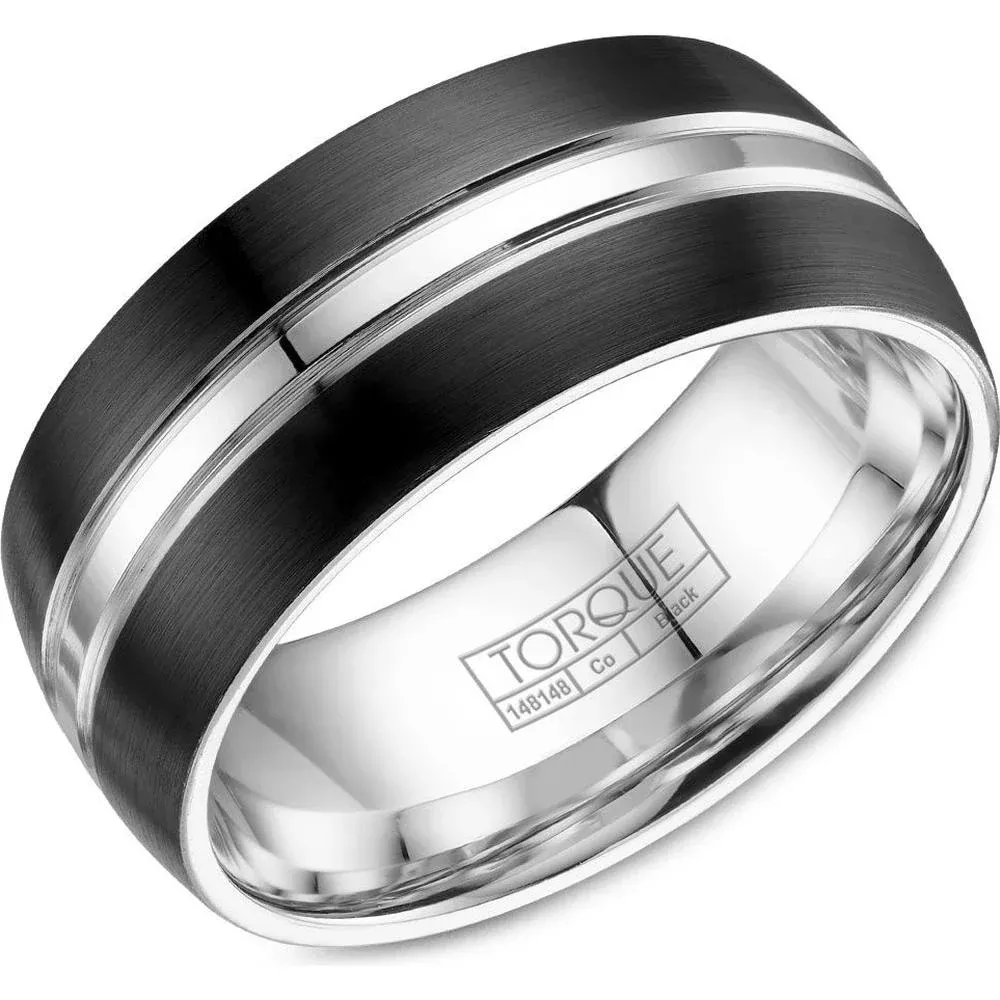 Torque Men's Wedding Band - Brushed Black Finish with Polished Grooves in Black & White Cobalt - 9mm Width from the Black Cobalt Collection