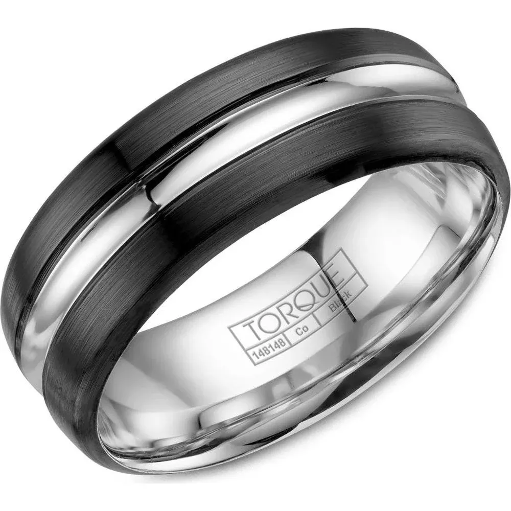 Torque Men's Wedding Band - Brushed Black Finish with Polished Silver Groove in Black Cobalt - 8mm Width from the Black Cobalt Collection