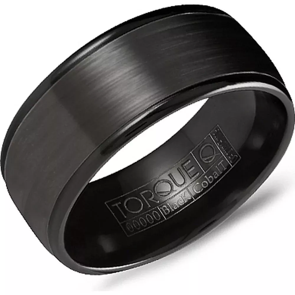 Torque Men's Wedding Band - Brushed Flat Black Band with Rounded Polished Edges in Black Cobalt - 9mm Width from the Black Cobalt Collection