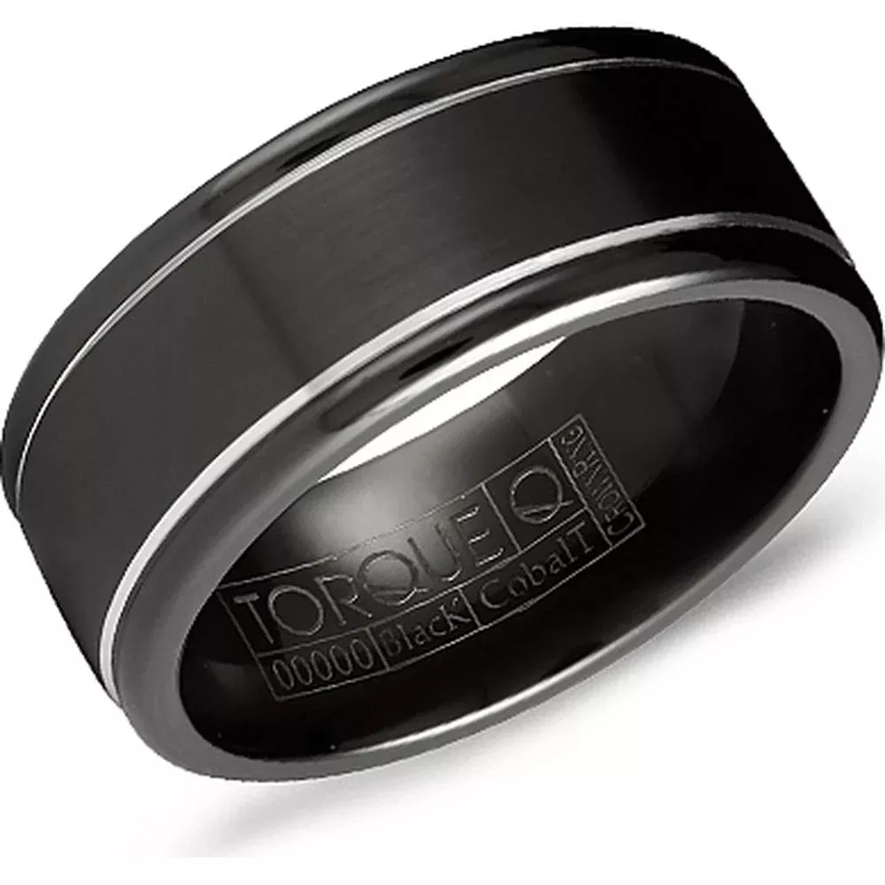 Torque Men's Wedding Band - Brushed Matte Black Center with Silver Grooves and Polished Edges in Black Cobalt - 9mm Width from the Black Cobalt Collection