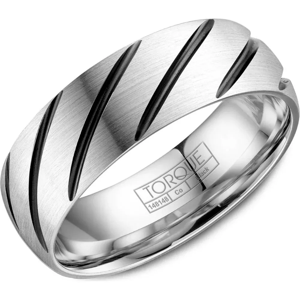 Torque Men's Wedding Band - Brushed Silver Band with Diagonal Black Grooves and Polished Interior in Black & White Cobalt - 7mm Width from the Black Cobalt Collection