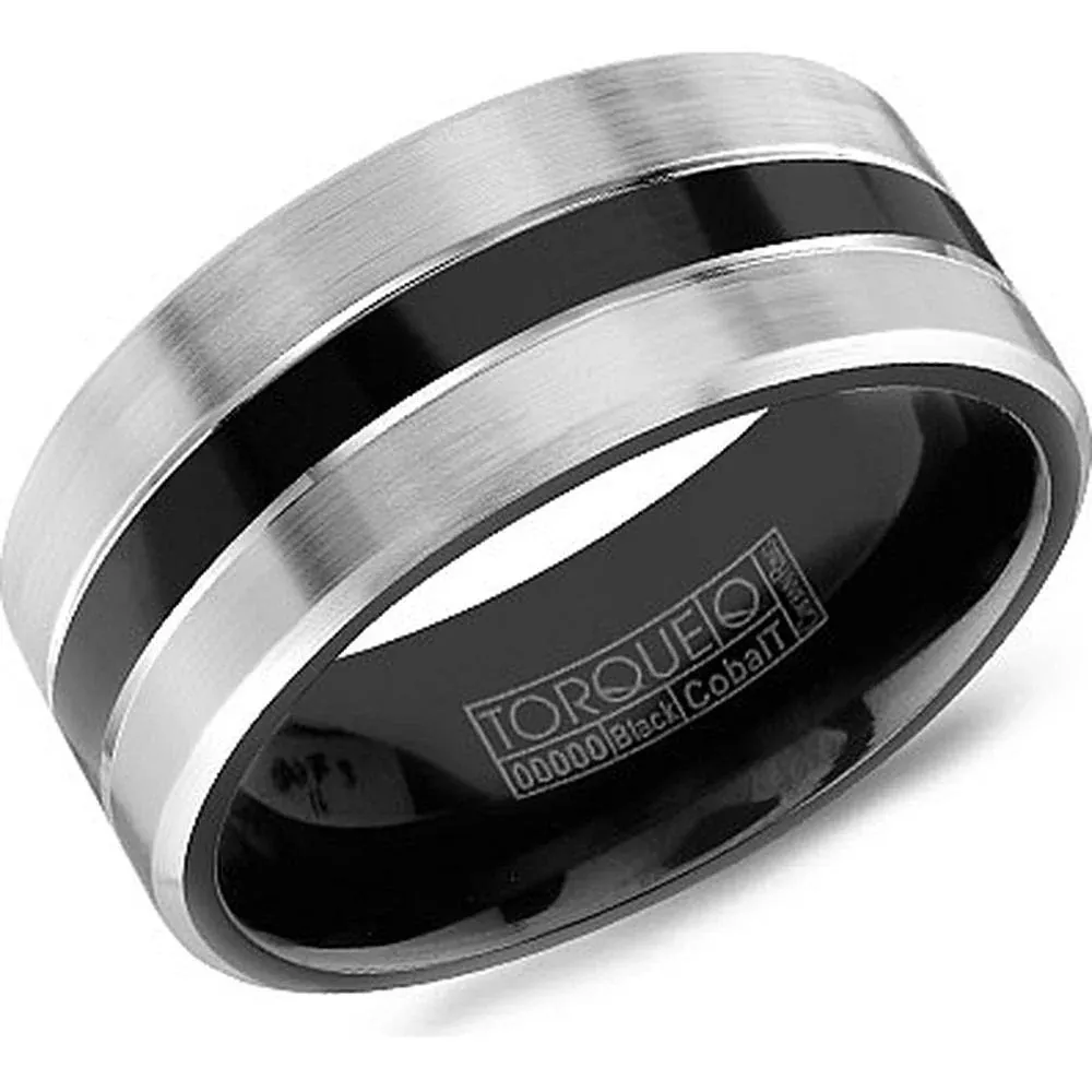 Torque Men's Wedding Band - Brushed Silver Band with Polished Black Center Inlay and Beveled Edges in Black & White Cobalt - 9mm Width from the Black Cobalt Collection