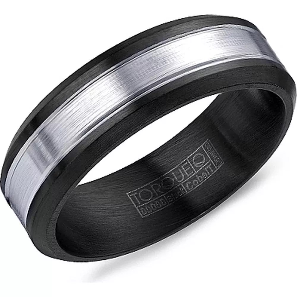 Torque Men's Wedding Band - Brushed Silver Center with Matte Black Beveled Edges and Sleek Design in Black & White Cobalt - 7mm Width from the Black Cobalt Collection