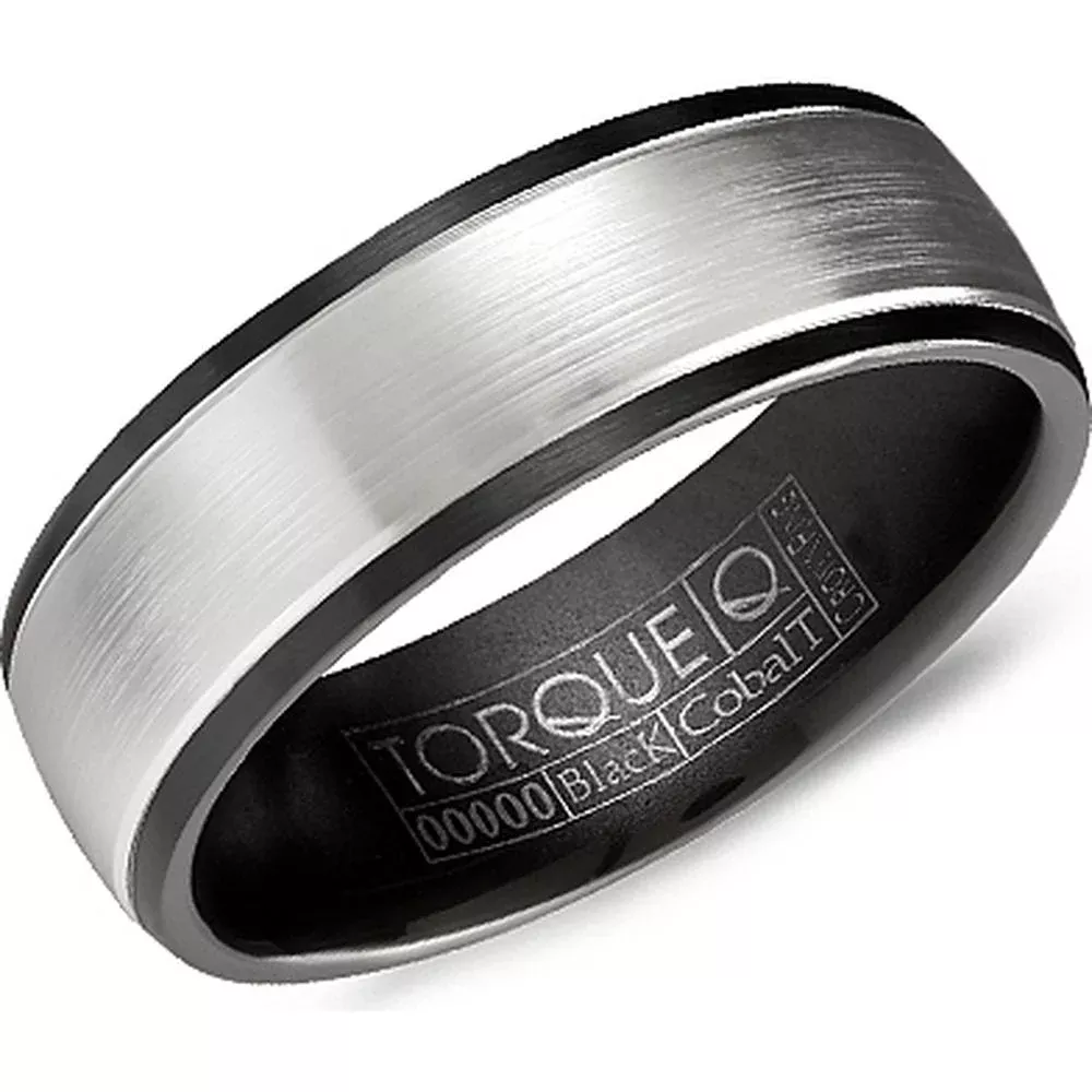 Torque Men's Wedding Band - Brushed Silver Center with Matte Black Edges in Black & White Cobalt - 7mm Width from the Black Cobalt Collection