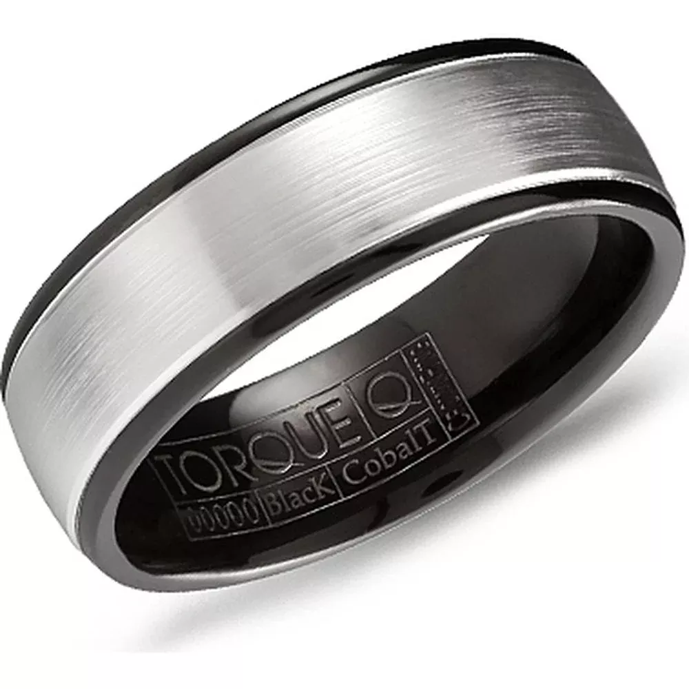 Torque Men's Wedding Band - Brushed Silver Center with Polished Black Edges in Black & White Cobalt - 7mm Width from the Black Cobalt Collection