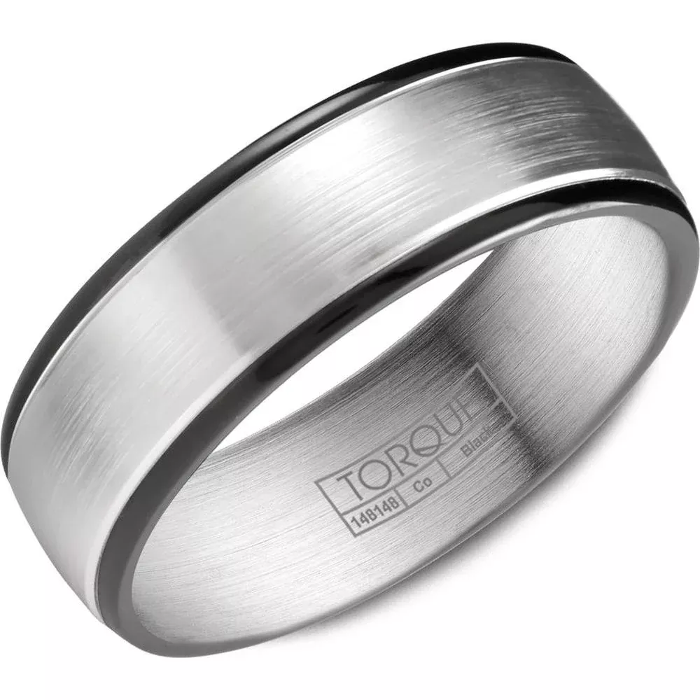 Torque Men's Wedding Band - Brushed Silver Center with Polished Black Edges and Sleek Design in Black & White Cobalt - 7mm Width from the Black Cobalt Collection