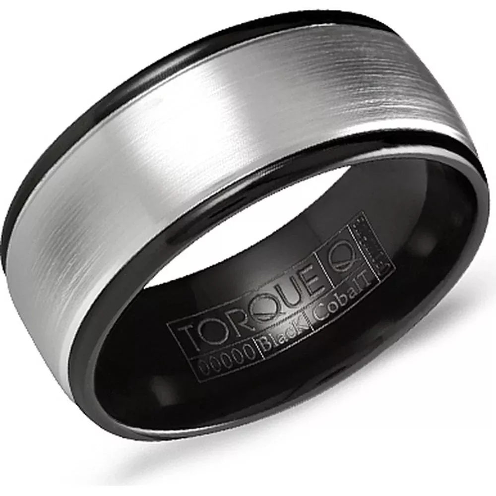Torque Men's Wedding Band - Brushed Silver Finish Center with Polished Black Edges in Black Cobalt - 9mm Width from the Black Cobalt Collection