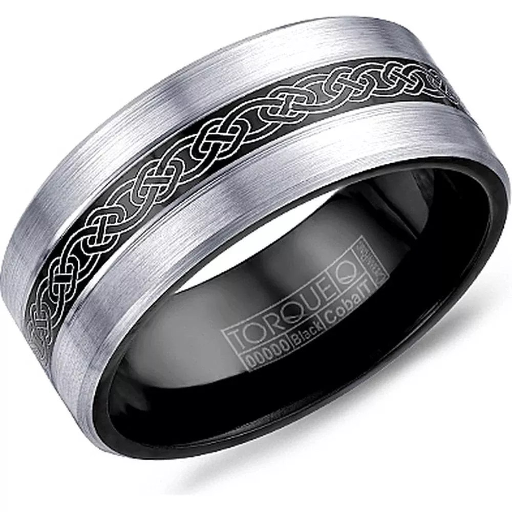 Torque Men's Wedding Band - Brushed Silver Finish with Intricate Celtic Knot Inlay and Polished Black Edges in Black Cobalt - 9mm Width from the Black Cobalt Collection