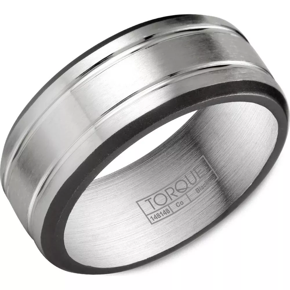 Torque Men's Wedding Band - Brushed Silver Finish with Polished Grooves and Black Edges in Black & White Cobalt - 9mm Width from the Black Cobalt Collection