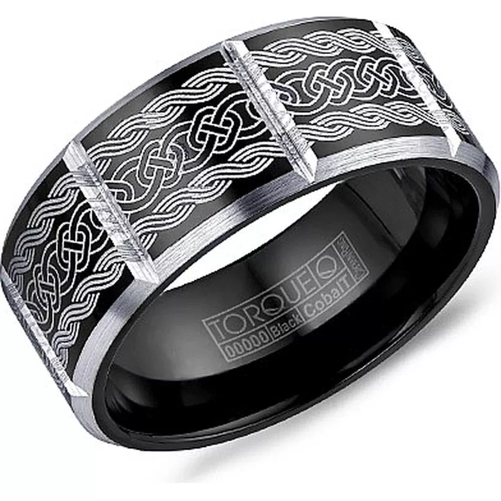 Torque Men's Wedding Band - Celtic Knot Black Band with Brushed Silver Grooves and Beveled Edges in Black Cobalt - 9mm Width from the Black Cobalt Collection