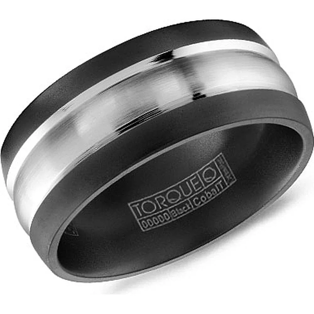 Torque Men's Wedding Band - Matte Black Band with Brushed Silver Inlay and Rounded Edges in Black & White Cobalt - 9mm Width from the Black Cobalt Collection