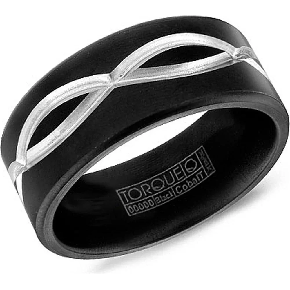 Torque Men's Wedding Band - Matte Black Band with Polished Infinity Silver Grooves in Black Cobalt - 9mm Width from the Black Cobalt Collection