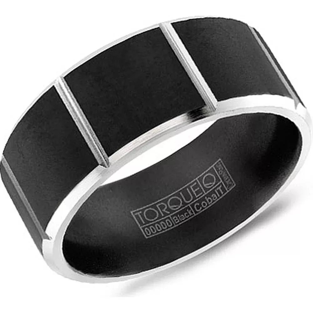 Torque Men's Wedding Band - Matte Black Band with Polished Silver Grooves and Beveled Edges in Black Cobalt - 9mm Width from the Black Cobalt Collection