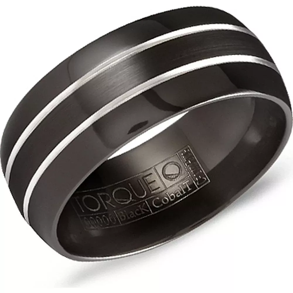 Torque Men's Wedding Band - Matte Black with Dual Polished Silver Grooves and Sleek Edges in Black Cobalt - 9mm Width from the Black Cobalt Collection