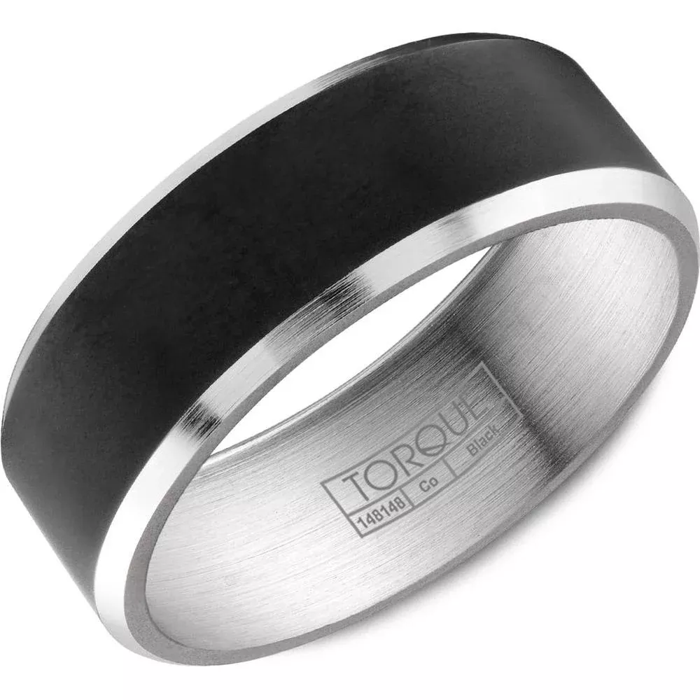 Torque Men's Wedding Band - Matte Flat Black Band with Beveled Silver Edges in Black & White Cobalt - 7mm Width from the Black Cobalt Collection