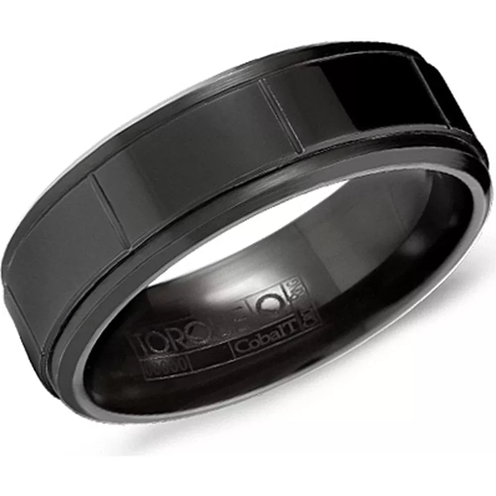 Torque Men's Wedding Band - Polished Black Band with Brushed Step Grooves and Beveled Edges in Black Cobalt - 7mm Width from the Black Cobalt Collection