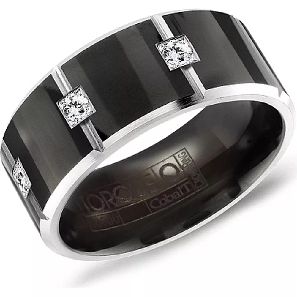 Torque Men's Wedding Band - Polished Black Band with Diamond Accents, Grooved Silver Inlays and Beveled Edges in Black Cobalt - 9mm Width from the Black Cobalt Collection