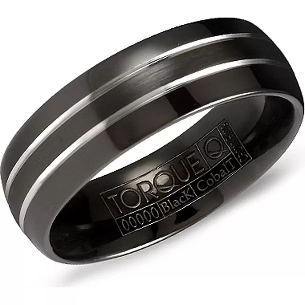 Torque Men's Wedding Band - Polished Black Band with Dual Silver Inlaid Grooves and Brushed Center in Black Cobalt - 7mm Width from the Black Cobalt Collection