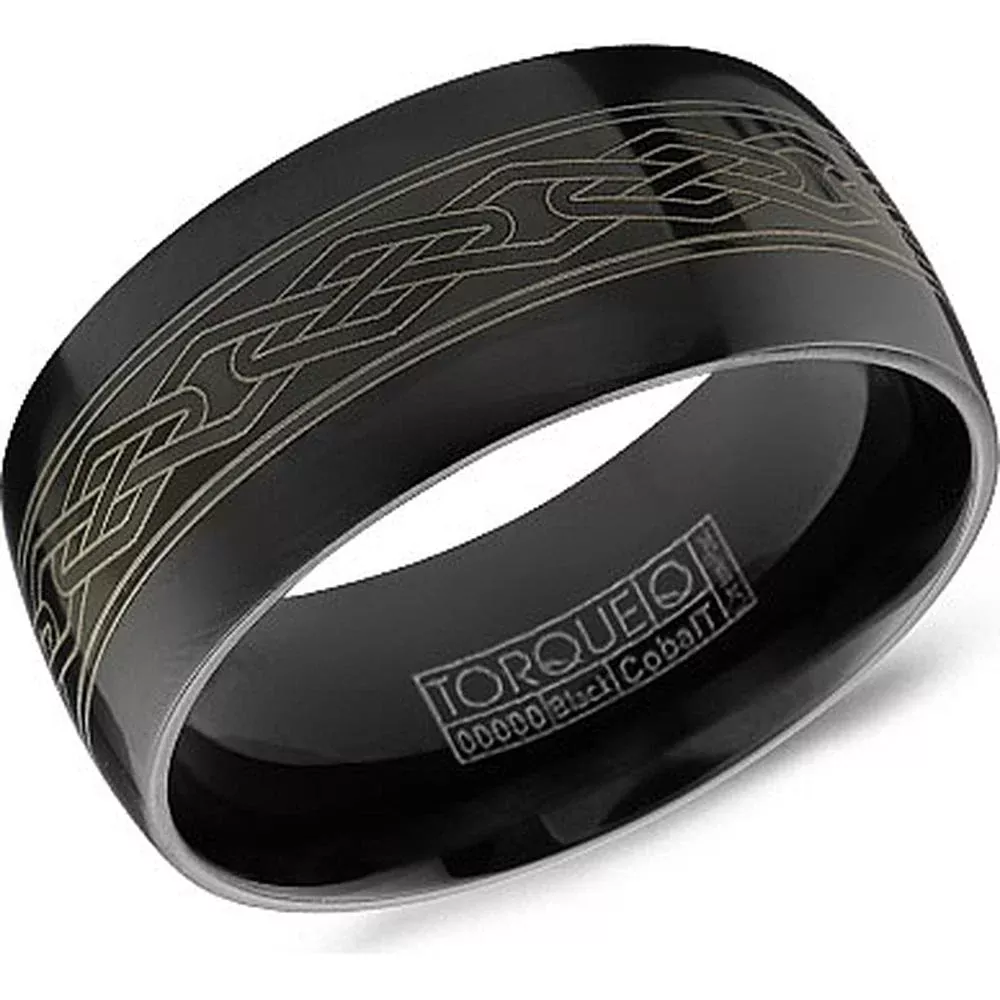 Torque Men's Wedding Band - Polished Black Band with Laser-Etched Celtic Knot Design in Black Cobalt - 9mm Width from the Black Cobalt Collection