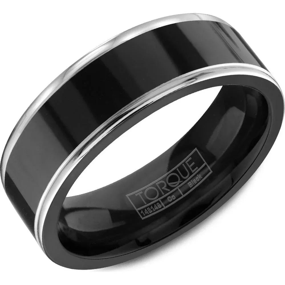 Torque Men's Wedding Band - Polished Black Band with Silver Rounded Edges in Black Cobalt - 7mm Width from the Black Cobalt Collection