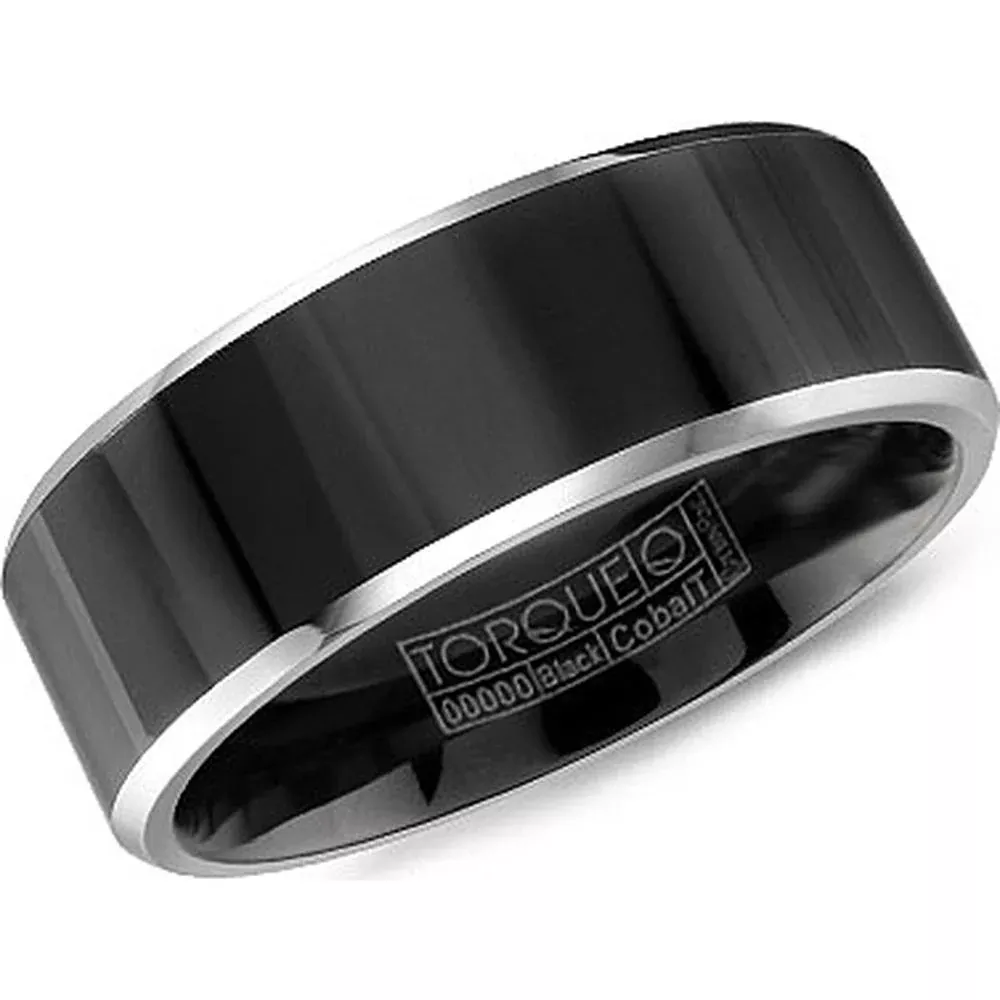 Torque Men's Wedding Band - Polished Flat Black Band with Beveled Silver Edges in Black Cobalt - 7mm Width from the Black Cobalt Collection