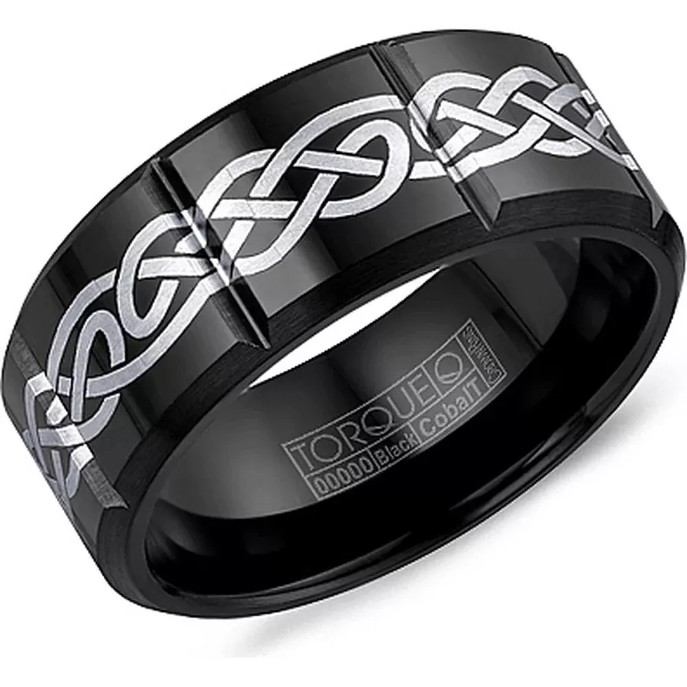Torque Men's Wedding Band - Satin Black Band with Silver Celtic Knot Inlay, Grooves and Beveled Edges in Black Cobalt - 9mm Width from the Black Cobalt Collection