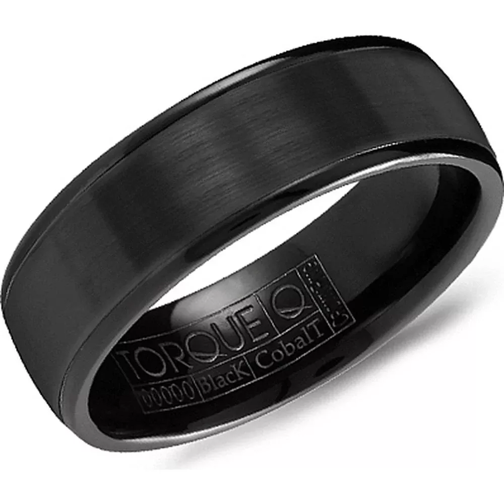 Torque Men's Wedding Band - Satin Brushed Black Band with Polished Rounded Edges in Black Cobalt - 7mm Width from the Black Cobalt Collection