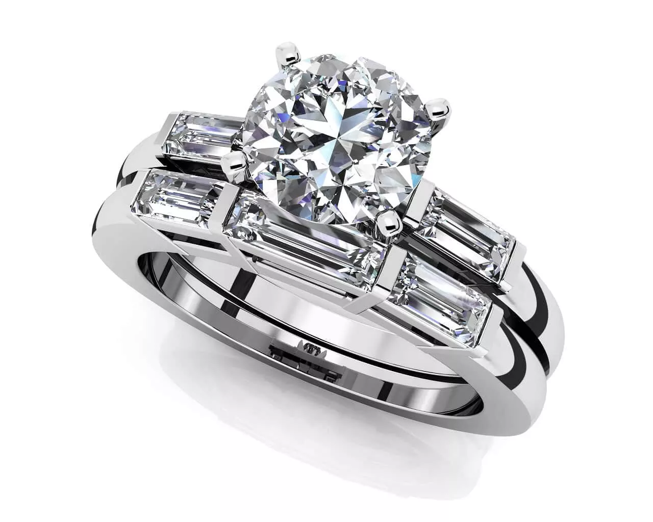 Triple Baguette Bridal Set Ring 1.5 Carat Total Weight
