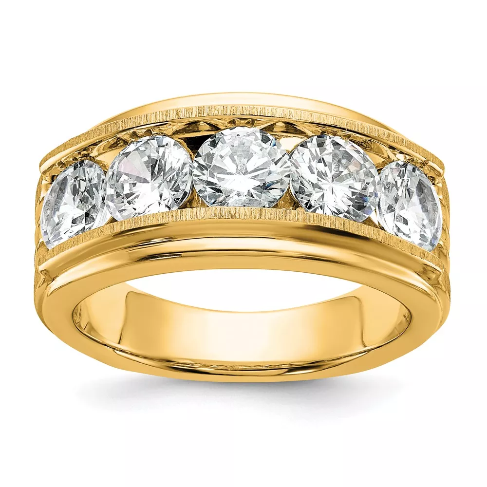 True Origin IBGoodman 14k 3 1/2 carat Lab Grown Diamond VS+ F+ Five Stone Complete Polished Brushed and Grooved Men’s Ring