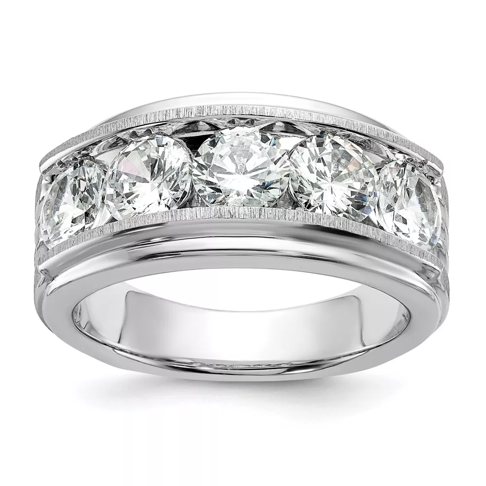 True Origin IBGoodman 14k White Gold 3 1/2 carat Lab Grown Diamond VS+ F+ Five Stone Complete Polished Brushed and Grooved Men’s Ring