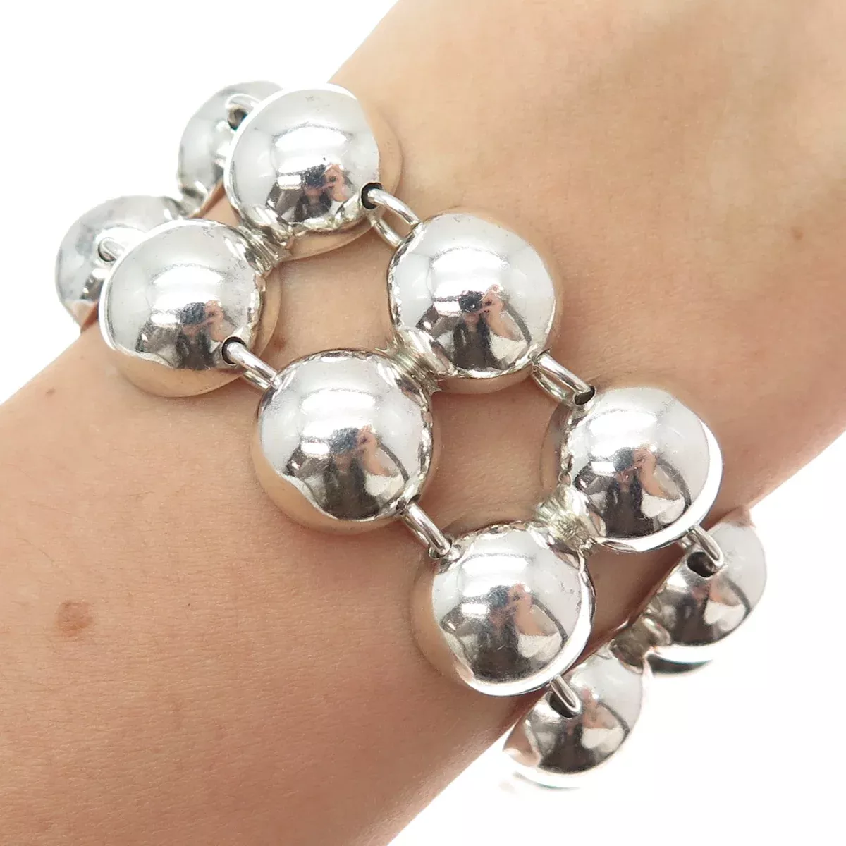TURE 925 Sterling Silver Vintage Modernist 2-Row Beaded Link Bracelet 7.5