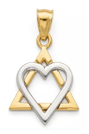 Two-Tone 14K Gold Heart & Star of David Pendant – 24mm