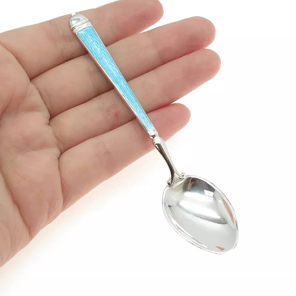 WATSON 925 Sterling Silver Vintage Blue & White Guilloche Enamel Coffee Spoon