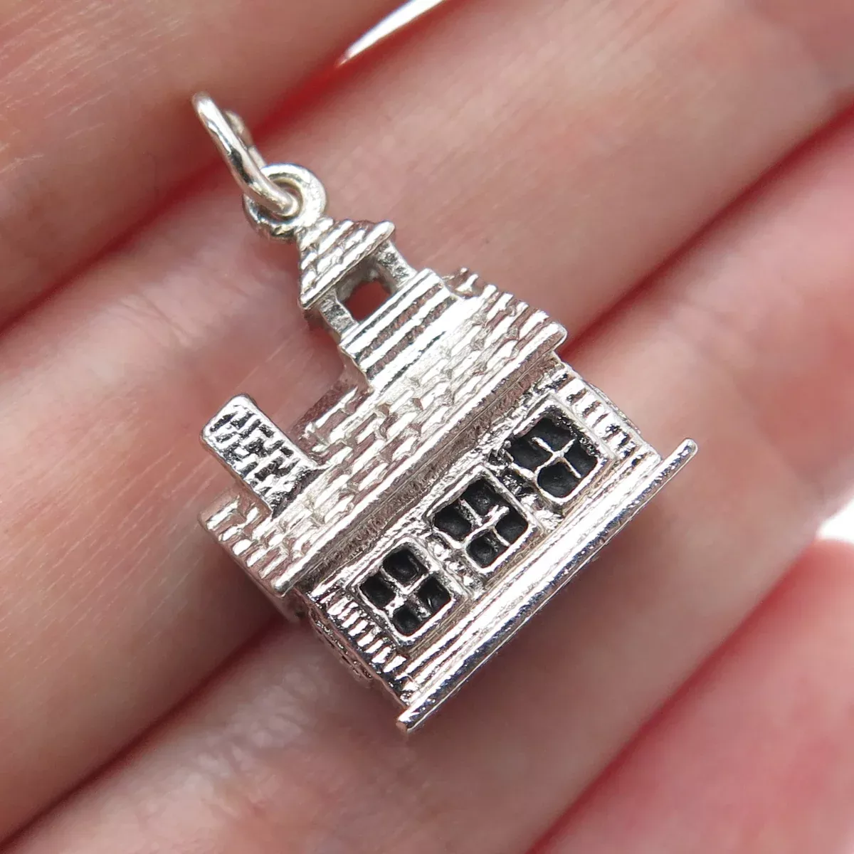 WELLS Sterling Silver Vintage Schoolhouse Oxidized Minimalist 3D Charm Pendant