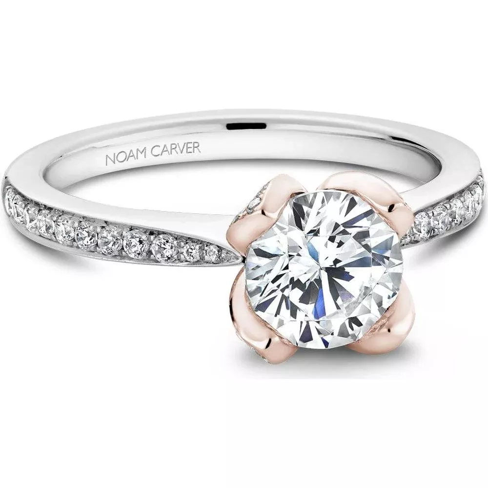 White Gold and Rose Gold Diamond Engagement Ring with Pavé-Set Band by Noam Carver - Choose Your Center Diamond: 1 to 5 Carats, Sustainable Lab-Grown or Natural Earth-Mined