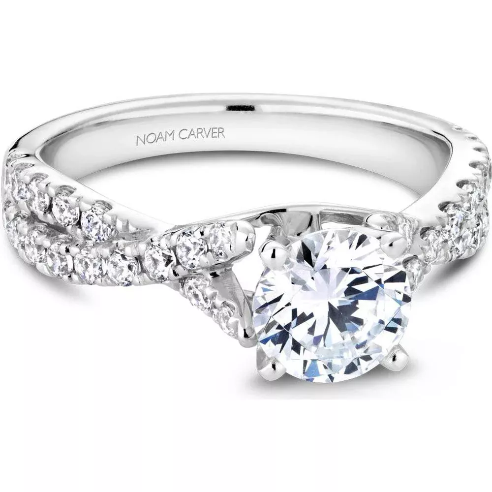 White Gold Split Crossover Round Cut Diamond Engagement Ring with Pavé Band by Noam Carver - Choose Your Center Diamond: 1 to 5 Carats, Sustainable Lab-Grown or Natural Earth-Mined